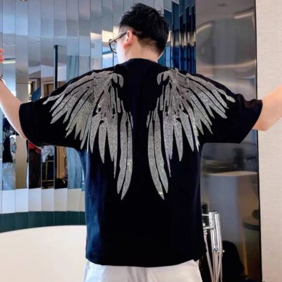 Fashion Men Trend Wings Drills Rhinestone Diamond Summer Luxury Cotton T-Shirt
