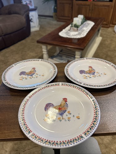 Everyday Gibson Salad Plates  7" Rooster Checkered Rim Set Of 3
