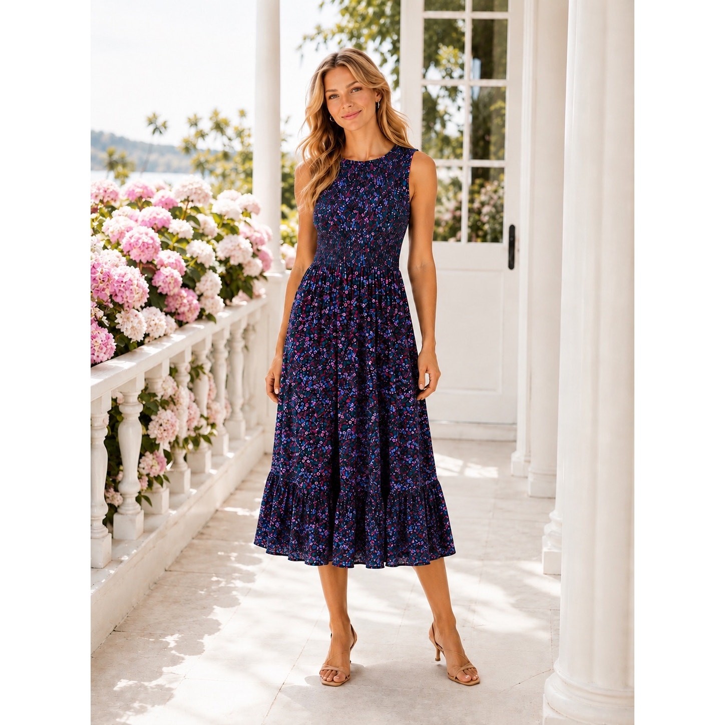 J.Crew Navy Dahlia Floral Smocked Sleeveless Midi Dress Large