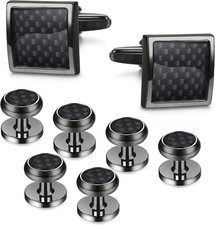 8Pcs Mens Carbon Fiber Cufflinks and Shirt Studs Set Tuxedo Shirts Business Wedd