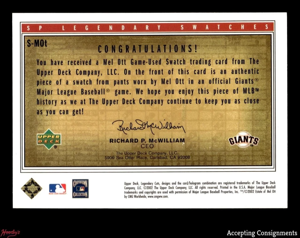 2002 SP Legendary Cuts Game Swatches Mel Ott GAME USED JERSEY Giants HOF - Image 2 of 2