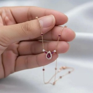 Authentic 7Ct Pear Cut Lab-Created Red Ruby Teardrop Necklace 14K Rose Gold Plated 18"