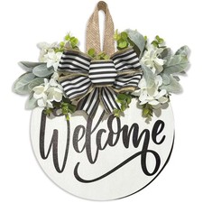 Welcome Wreaths Sign for Front Door, Rustic Wood Wreath with Bow, Welcome Hom...