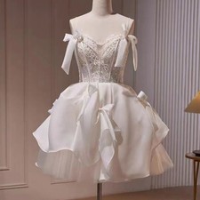 Elegant Satin A-Line Short Wedding Dress Lace Bow Pleats Bridal Gown Customized