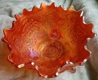 LARGE 10"Fenton Dark Orange Persian Medallion Grape & Cable 3 Footed Fruit Bowl