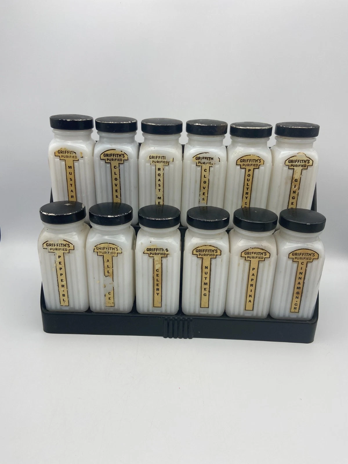 Vintage Griffith's Milk Glass Spice Jars with Plastic Rack