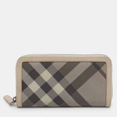 Burberry Beige Smoke Checked PVC and Leather Zip Around Wallet