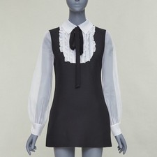 VALENTINO 2022 Crepe Couture black white wool silk ruffle bib neck dress IT38 XS