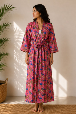 Women s Cotton Kimono Robe Pink Tiger Print Long Boho Dressing Gown Lounge Wear