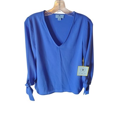 CeCe Blue V-Neck Tie Sleeve Blouse, X-Small, NWT
