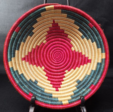 Handwoven African Coiled Basket Bowl - Vibrant Spiral Pink Red Teal Blue Beige