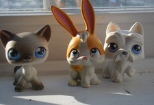 Three Vintage Littlest Pet Shop Dog, Cat, Bunny Figures Hasbro LPS Toy 2000s