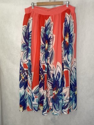 Chicos Women s Maxi Coral Red Blue Flowy Pull On Stretchy Comfort  Size 16