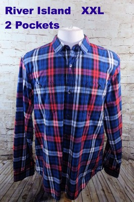 River Island 2XL Men's Dress Shirt Red White Blue Plaid 100% Cotton LS
