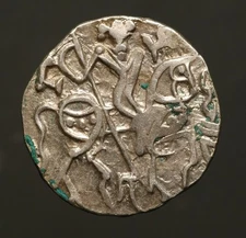 I14-61   Shahi Kings AR Drachm,   "Spalapati Deva"    Bull/Horseman.    Tye 7.4