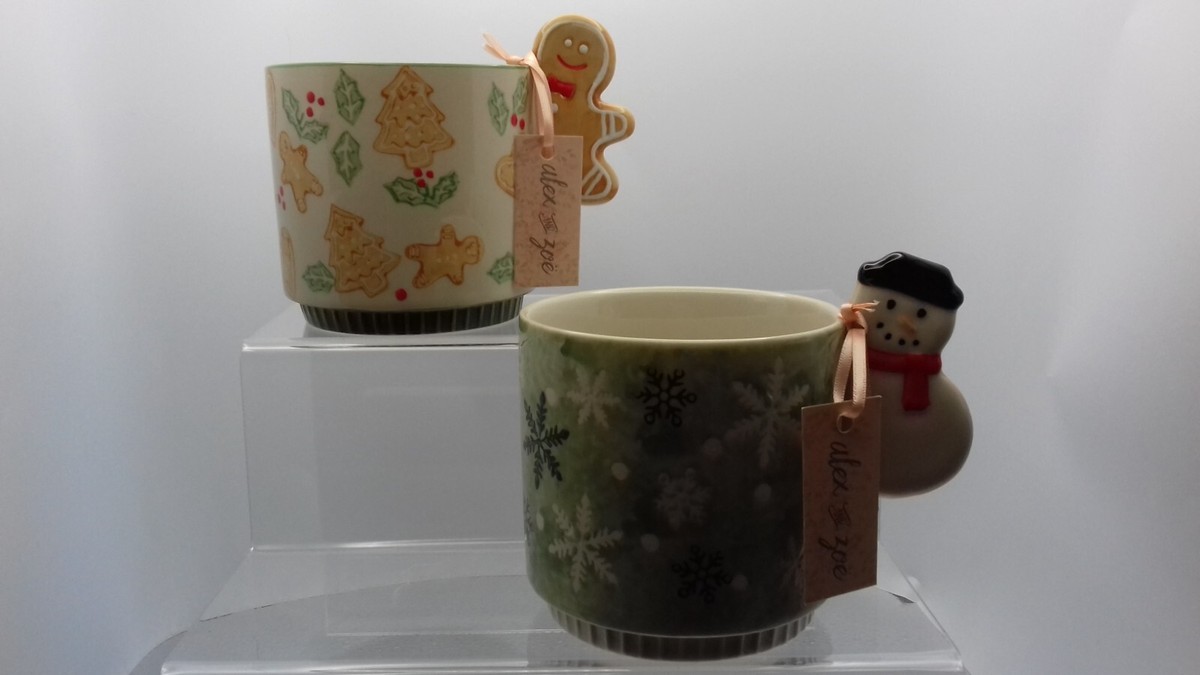Two Alex Zoe Ceramic Mugs Green Snowflakes Gingerbread