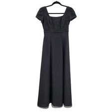 80's Mori Lee Gown 6 Black Formal Empire Short Sleeve Square Neck Bow Accent