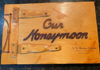 Vintage Wooden Our Honeymoon Scrapbook Photo Album Catskills NY Souvenir