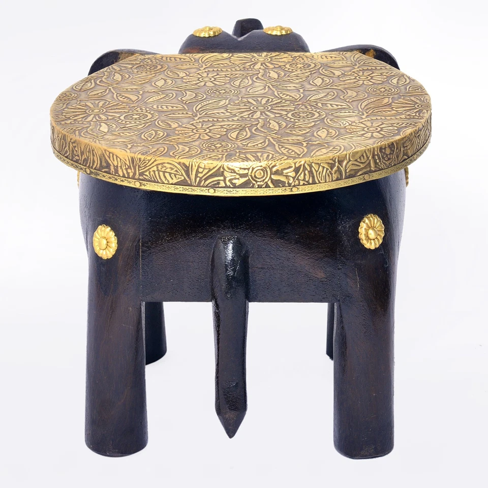 Wooden Elephant Stool Brass-Fitted Elephant Table Pedestal Table Corner Table - Image 4 of 4