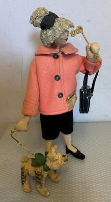 Vintage Doll Roldan Klumpe Society Lady Lorgnette Woman Walking Dog with tag 10''