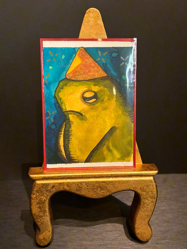 ACEO Frog Party Hat Photoshoot #1 Watercolor  Signed by Mist and Starlight