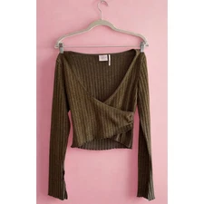 UO Out From Under Lila Brushed Rib Wrap Top | Olive Green | Women’s Small