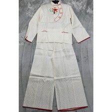 Vintage Asian Pajama Set Size M White Red Silky Satin Jacquard Embroidered Crop