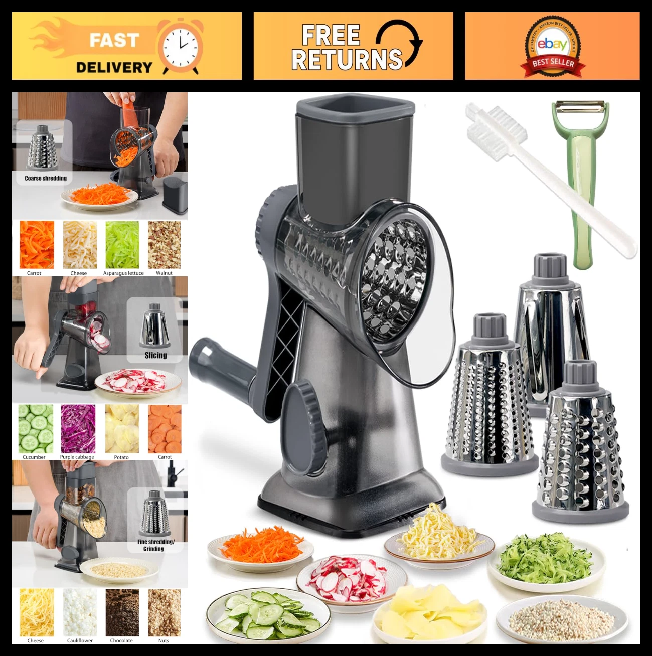 Handheld Rotary Cheese Grater & Vegetable Slicer with 3 Stainless Steel Blades