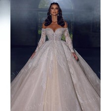 Off the Shoulder Ball Gown Wedding Dress Long Sleeve Chapel Train Princess Bride