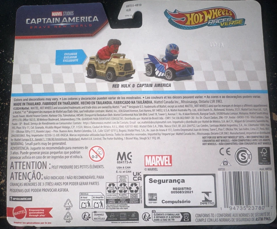 Verso de corredor Hot Wheels 2025 Marvel Red Hulk y Capitán América #HXT35 Foto 2 de 4