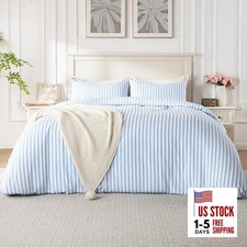 Blue Duvet Cover Set, 3 Pieces Soft Bedding Set, Breathable Queen Blue Stripe