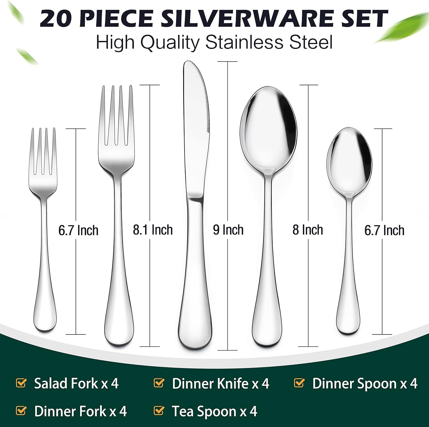 20-Piece Stainless Steel Flatware Set with Mirror Finish - Dishwasher Safe