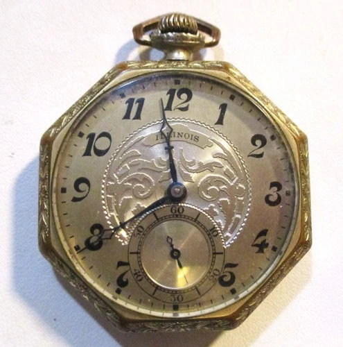 Antique 1927 Illinois Octagon Open Face Pocket Watch, Size 12s, 17 Jewels