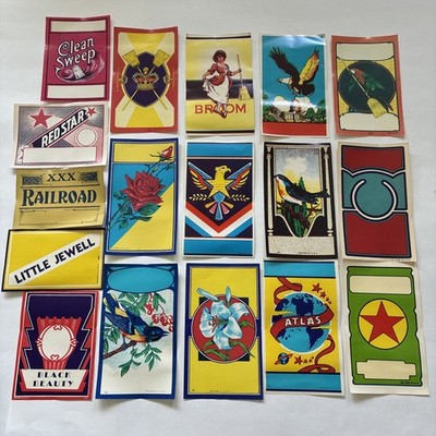 Vintage Lot of 17 Labels 1930 s-40 s BROOM lithograph USA Art Crafts TV Prop