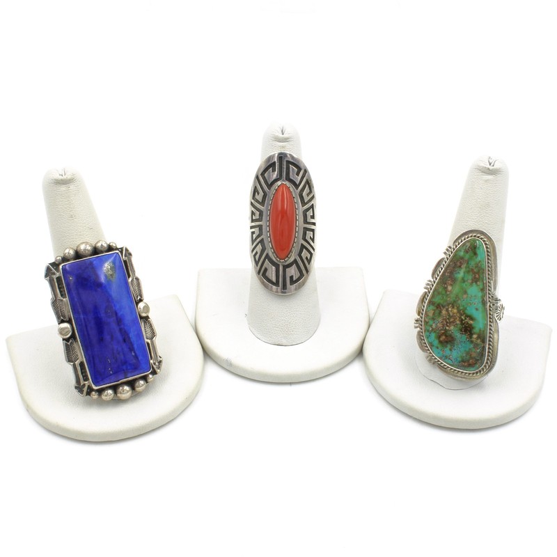 Southwest Signed Sterling Lapis Turquoise Coral Overlay Rings Lot of 3 #S5633-3