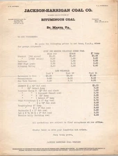 1923 Jackson-Harrigan Coal Co. Price List St. Marys PA Mining Ephemera
