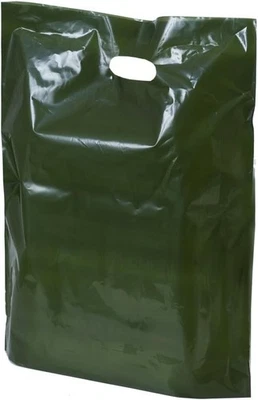 BRAND: PLASTIC CARRIER BAGS Harrods Green Plastic Carrier Bags - 38cm x 46cm + 7cm - (1 BOX - 50 BAGS)
