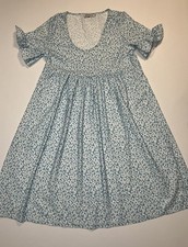 Women S Blue White Ditsy Floral A Line Dress Scoop Neck Ruffle Short Sleeve