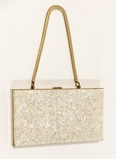 Vintage 1950's Evening Vanity Purse Compact Lustrous Glitter White & Brass