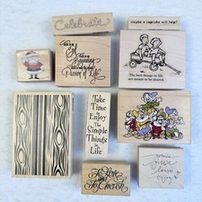 Mixed Lot of 10 Rubber Stamps Wood Grain Santa 7 Dwarfs Kids in Wagon Sayings