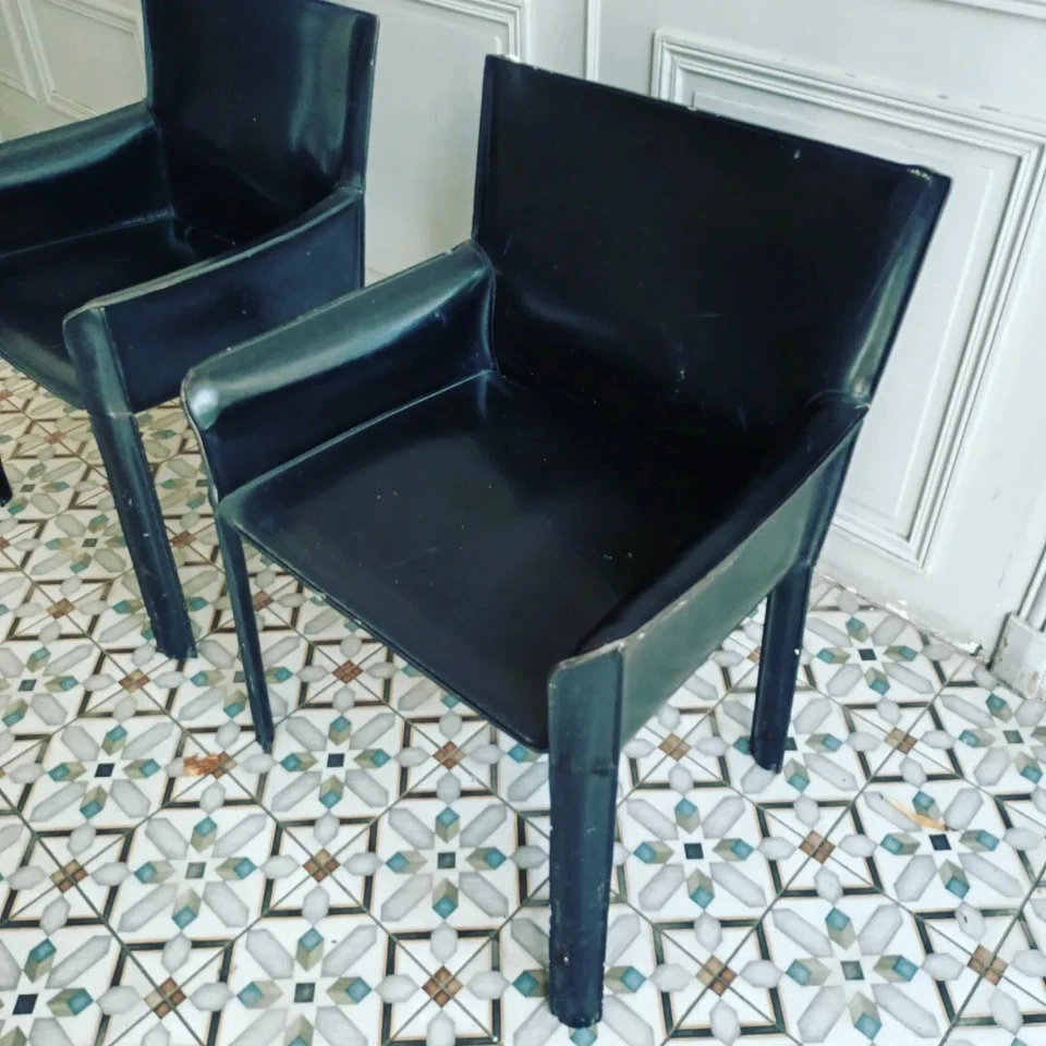 Rare Paire Fauteuil Cuir noir piqûre sellier Adnet/Dupré-Lafon/Hermès 1980 - Photo 4/4