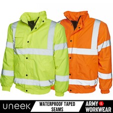 Mens Hi-Viz High Visibility Bomber Jacket Padded Lined Hood Work Site Road Coat