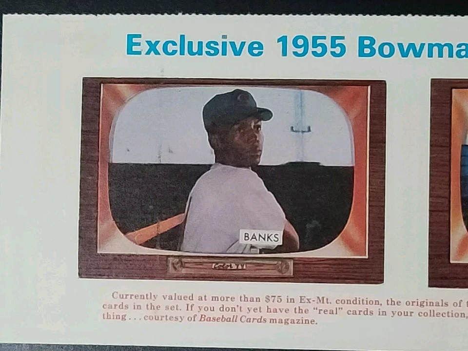 1985 BBC Magazine Inserir Painel de Cartão MICKEY MANTLE/ERNIE BANKS 1955 Bowman RP Mt - Imagem 3 de 4