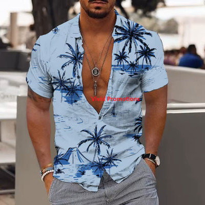 Coconut Tree Printed Aloha Shirt Short Sleeve Button-Down Fashion Beach Wear