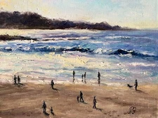 Beach with people Original Oil Painting Ocean shore Impressionist Artwork Coast