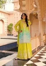 New Attractive Parrot Green Chinon Silk Top Palazzo With Dupatta For Women