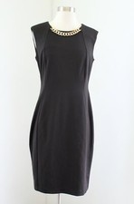 Calvin Klein Solid Black Gold Chain Embellished Sheath Dress 6 Career Cocktail