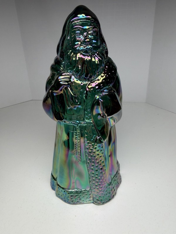 Vintage Fenton Iridescent Spruce Green Carnival Glass Santa Clause 8”, MINT