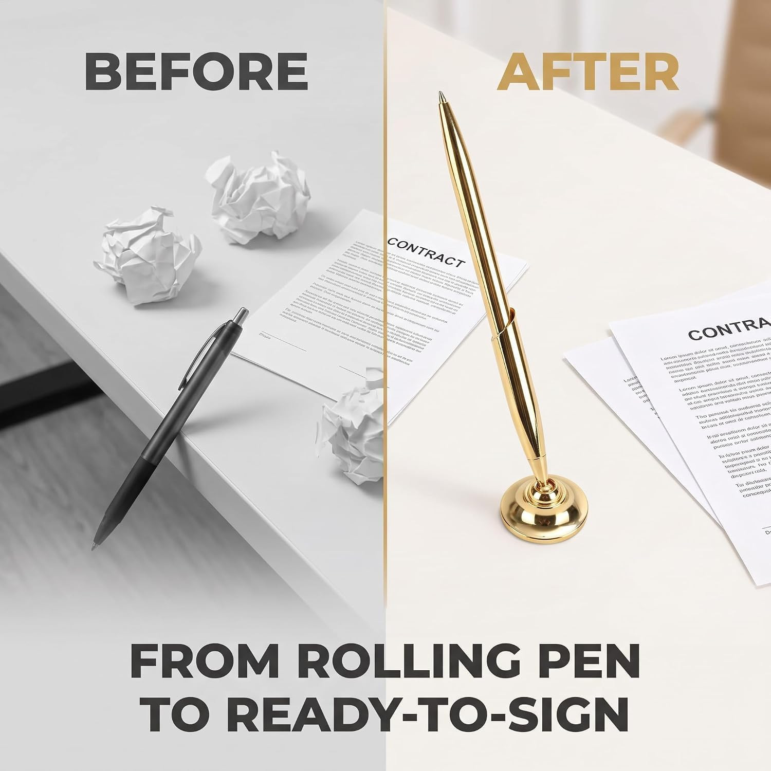 как выглядит Gold Pen and Pen Stand round Holder Signing Set Metal Attached to Desk Base фото