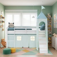 Hochbett 90X200 Kinderbett Mit Lattenrost Rutsche Vorhang Turm GrüN Homestyle4U